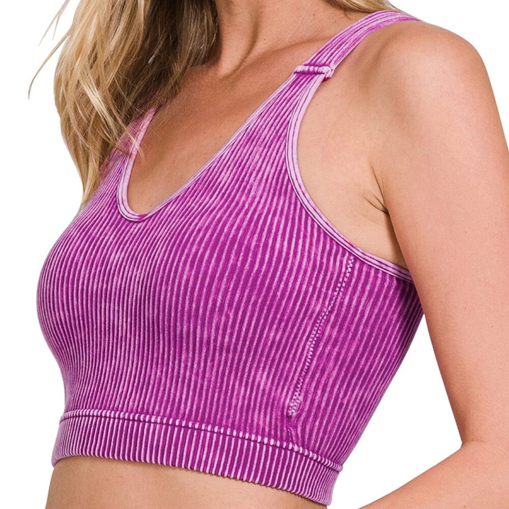 Washed Ribbed Cropped Seamless Bra Padded Tank Top Brami - Light Plum
